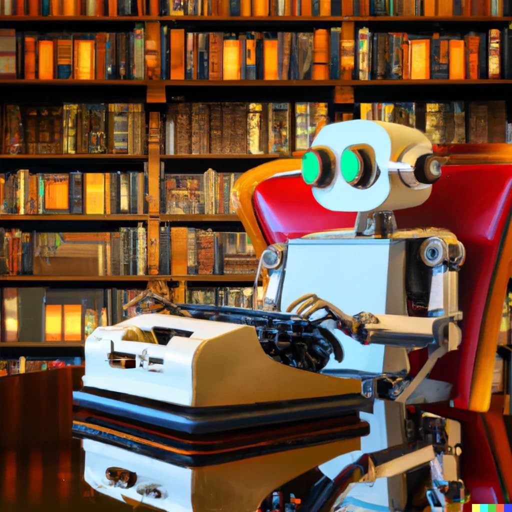 A robot at a typewriter in a library A robot at a typewriter in a library