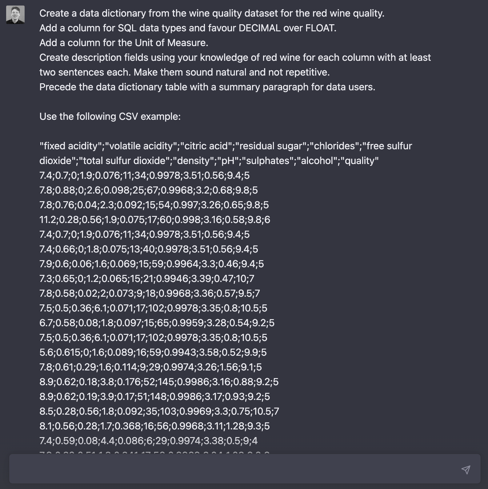 ChatGPT > Create a data dictionary from the wine quality dataset for the red wine quality. 1/3
