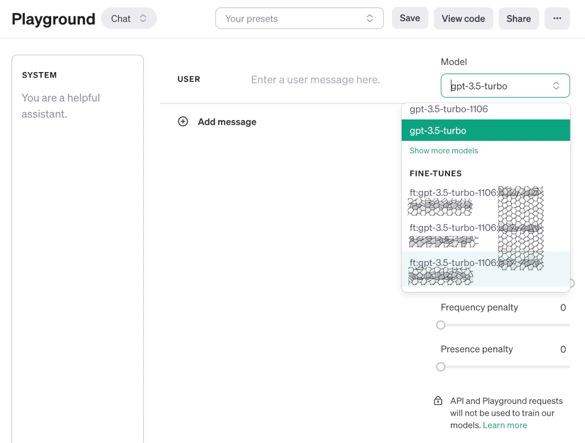 'OpenAI Playground for fine-tuned model'