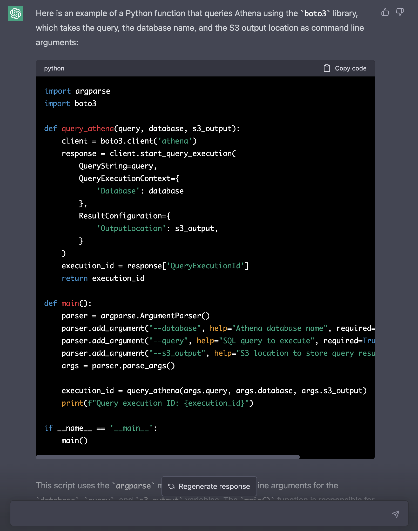 ChatGPT Add a main function. Read the database, query and s3_output as named command line arguments. 1/2