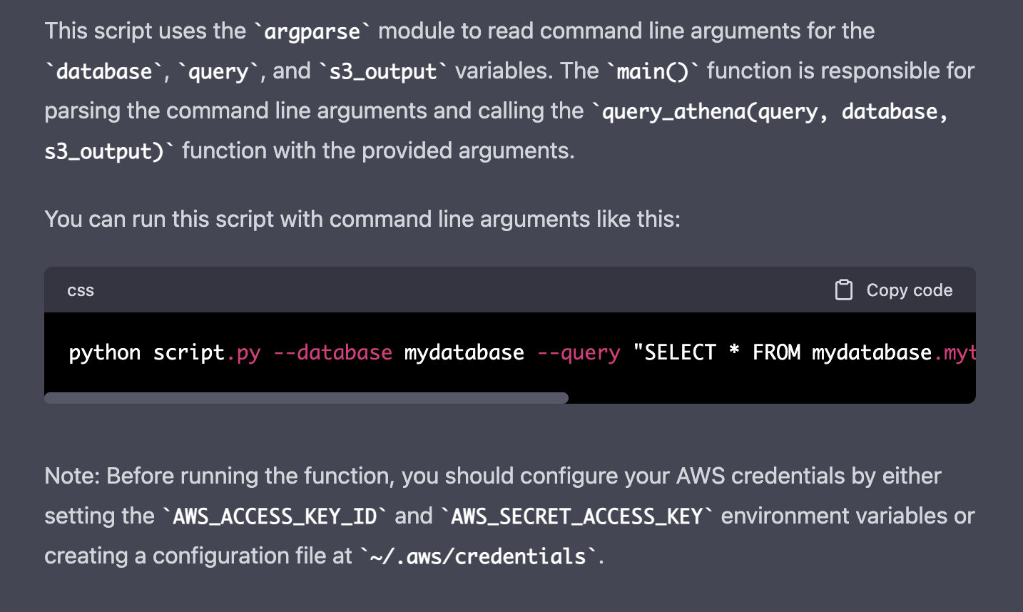 ChatGPT > Add a main function. Read the database, query and s3_output as named command line arguments. 2/2