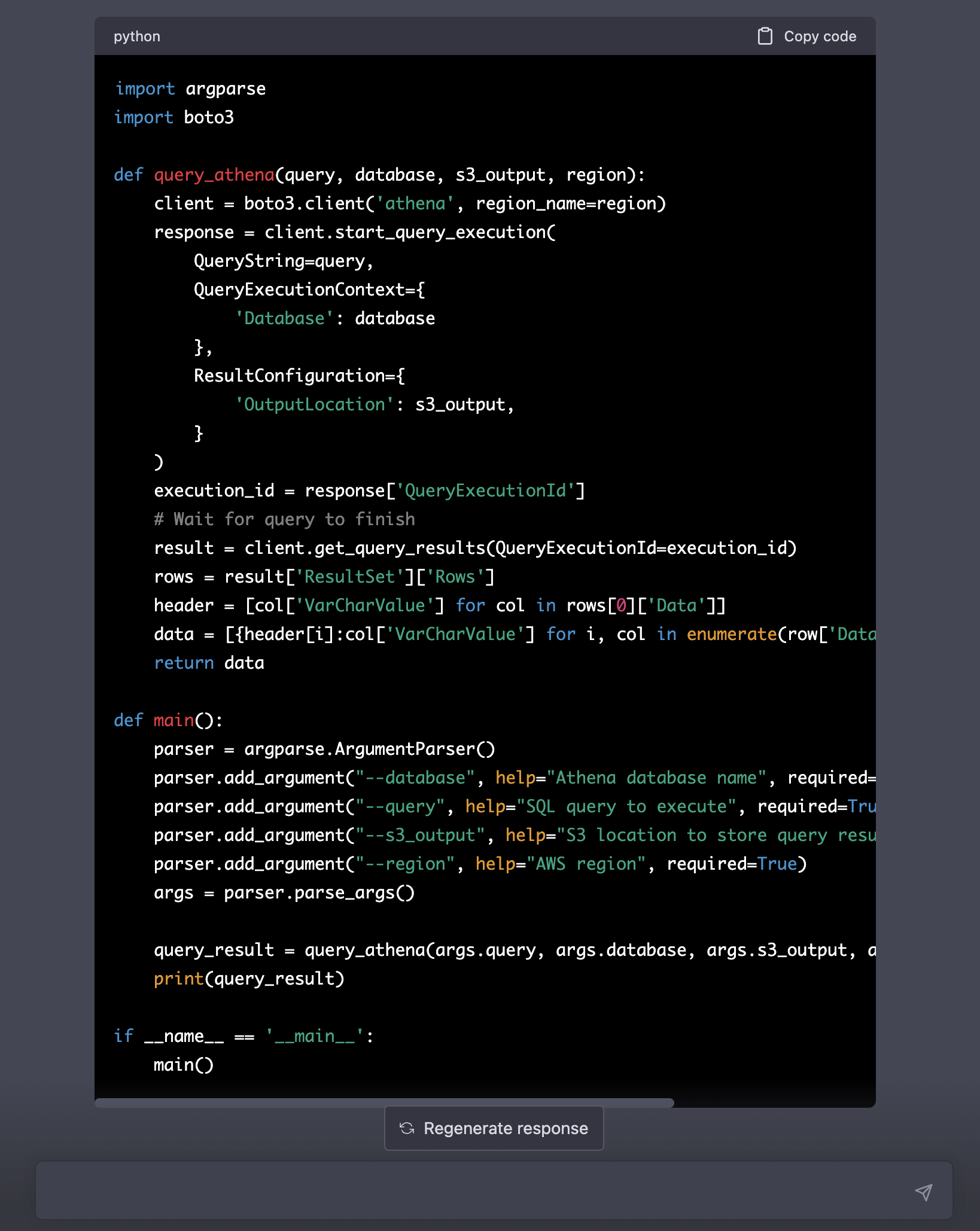 ChatGPT > Let query_athena return the query result as a dictionary and print the returned result in the main function.