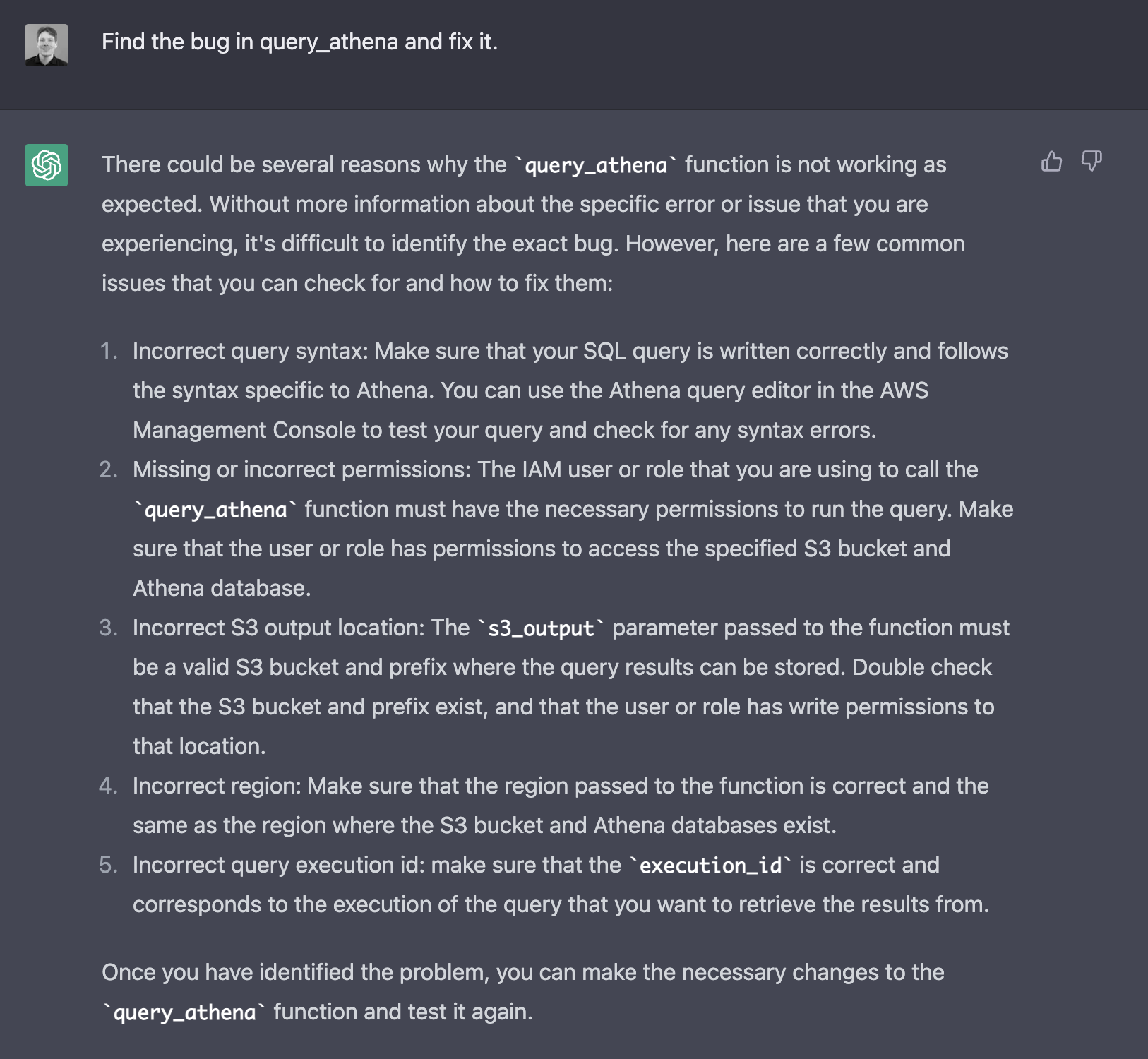 ChatGPT > Find the bug in query_athena and fix it.