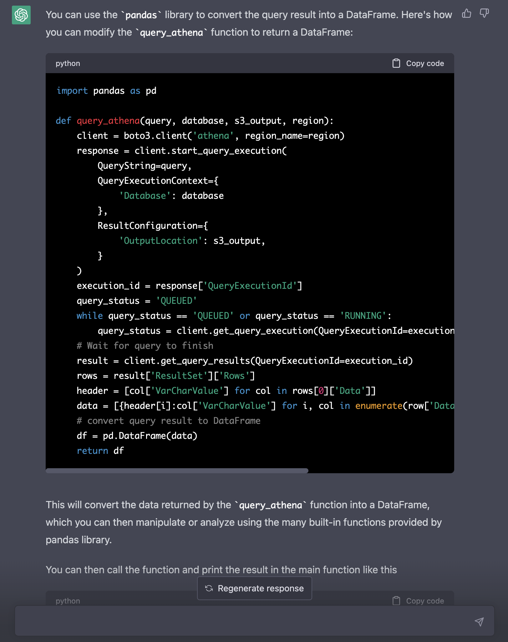 ChatGPT > Convert the query result in query_athena into a dataframe instead of a dictionary.