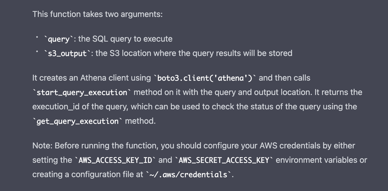 ChatGPT > Write a Python function to query Athena. (Commentary)