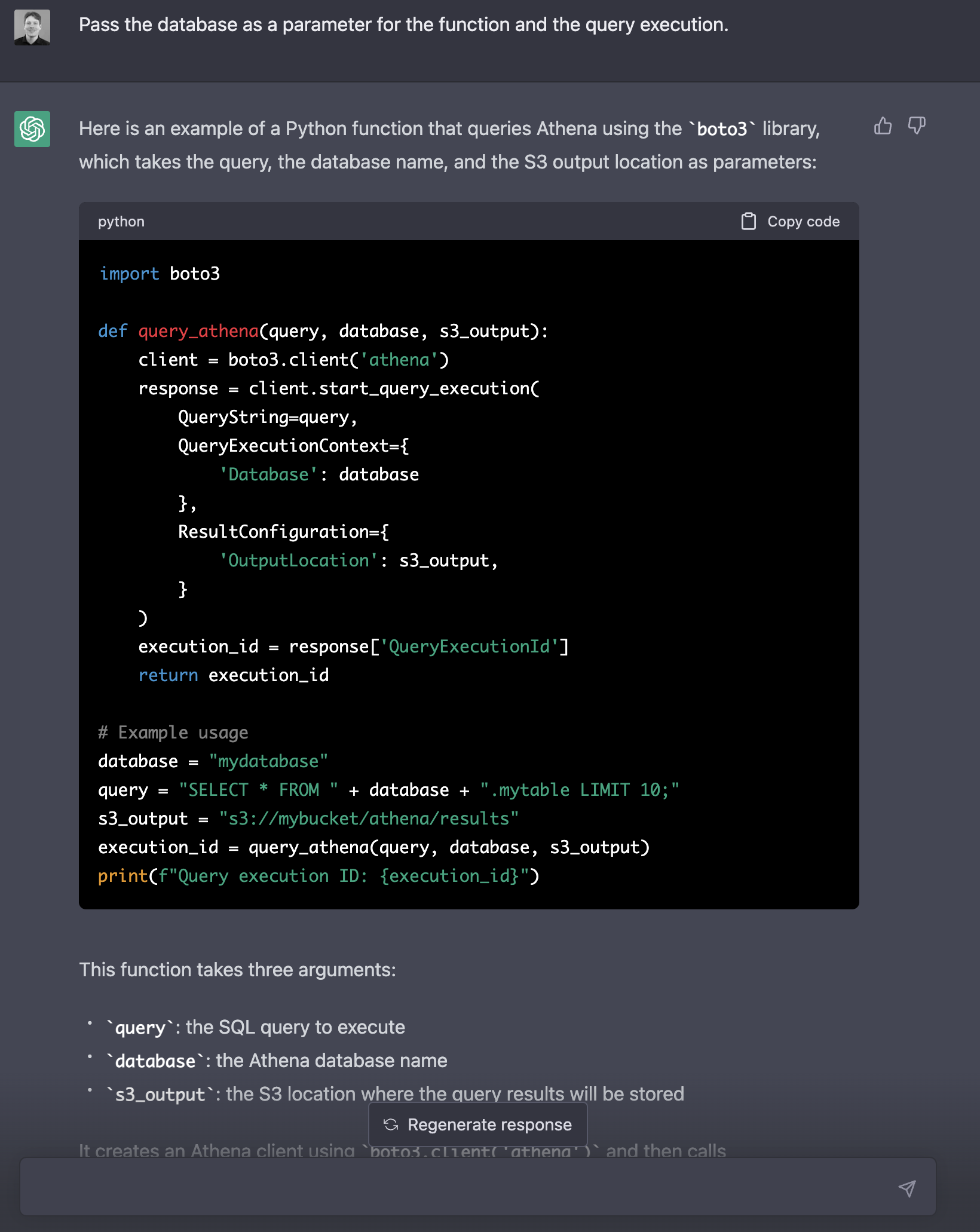 ChatGPT > Pass the database as a parameter for the function and the query execution.