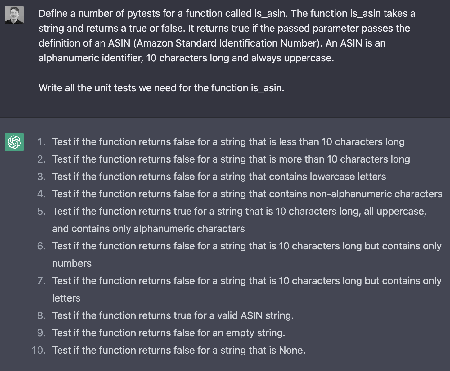 ChatGPT > Define a number of pytests for a function called is_asin