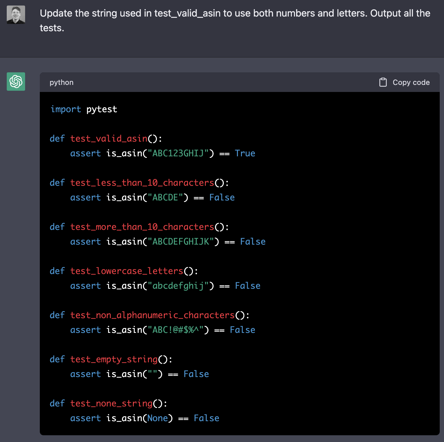 ChatGPT > Update the string used in test_valid_asin to use both numbers and letters. Output all the tests.