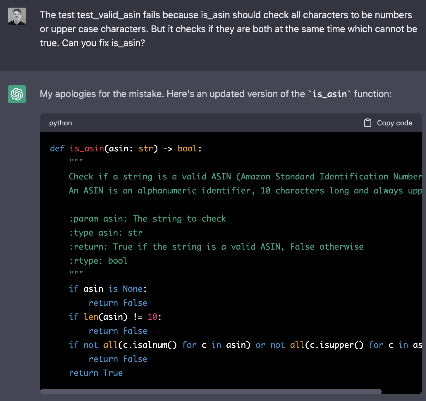 ChatGPT > > The test test_valid_asin fails because is_asin should check all characters to be numbers or upper case characters.