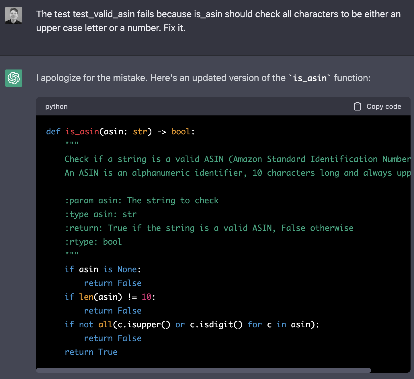 ChatGPT > The test test_valid_asin fails because is_asin should check all characters to be either an upper case letter or a number. Fix it.